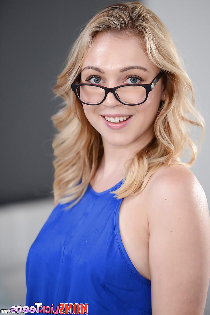 16P Blonde glasses adorned teenager Cali Sparks posing fully clothed