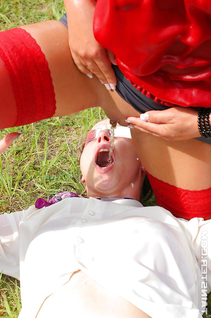 16P Clothed European babes get pissed on and getting some cum on the face