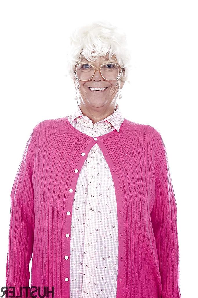 16P Granny pornstar Karen Summer modelling fully clothed before stripping naked