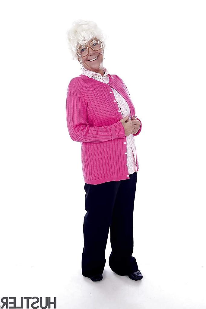 16P Granny pornstar Karen Summer modelling fully clothed before stripping naked