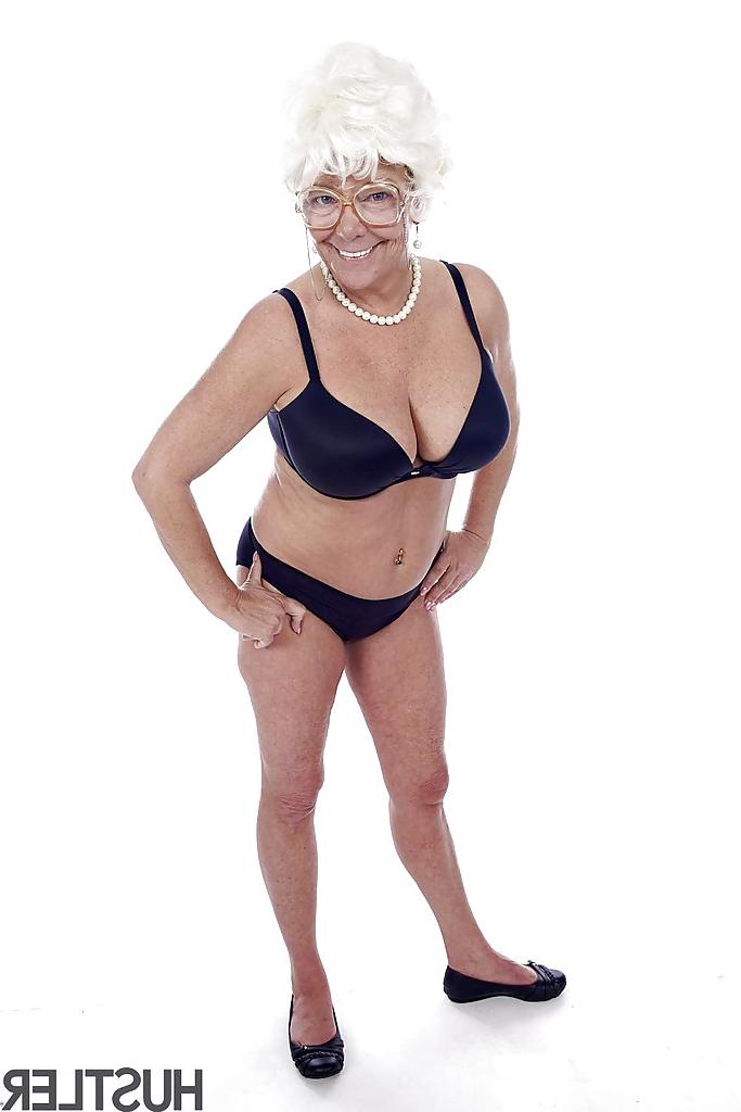 16P Granny pornstar Karen Summer modelling fully clothed before stripping naked
