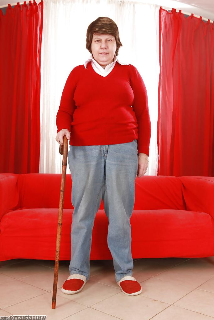 16P Lecherous granny with massive flabby jugs stripping and exposing her twat