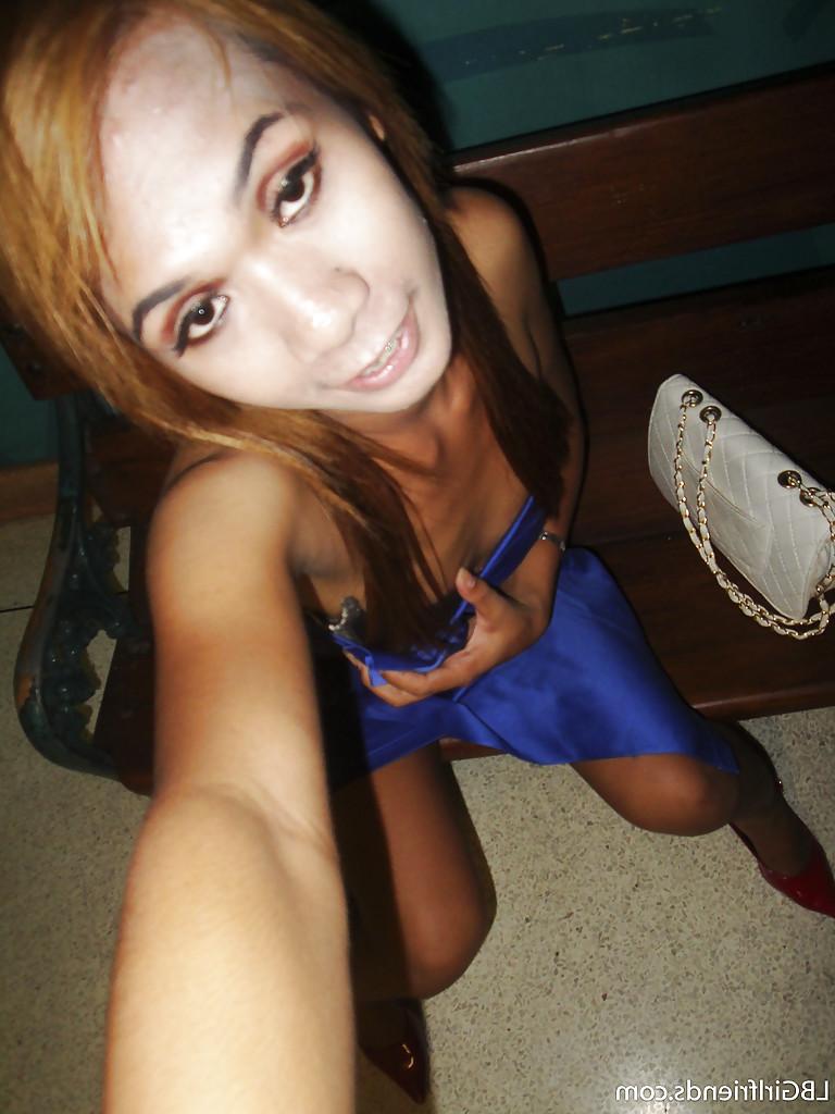 16P Thin Asian ladyboy Nano taking self shots of small tits and hairy dick
