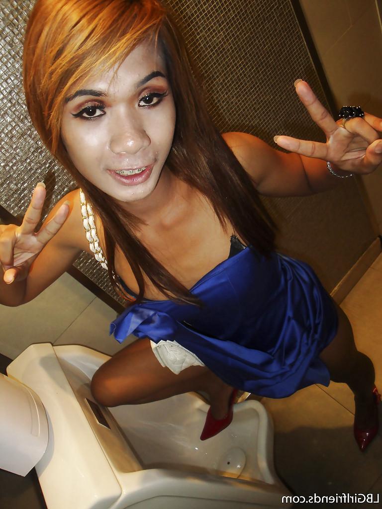 16P Thin Asian ladyboy Nano taking self shots of small tits and hairy dick