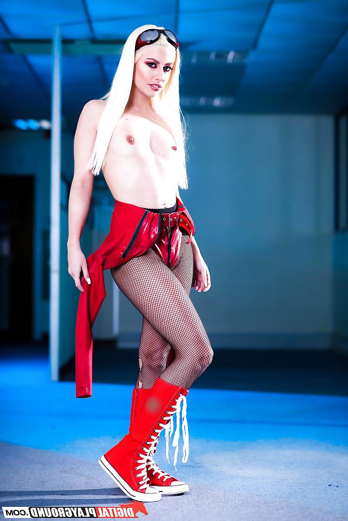 16P Euro blonde Jessie Volt stripping off latex outfit to pose nude in boots