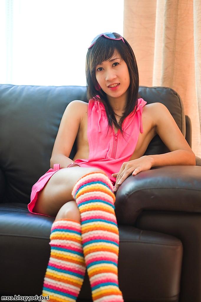 16P Teen ladyboy Ood plays with small tits with sexy legs adorned in socks
