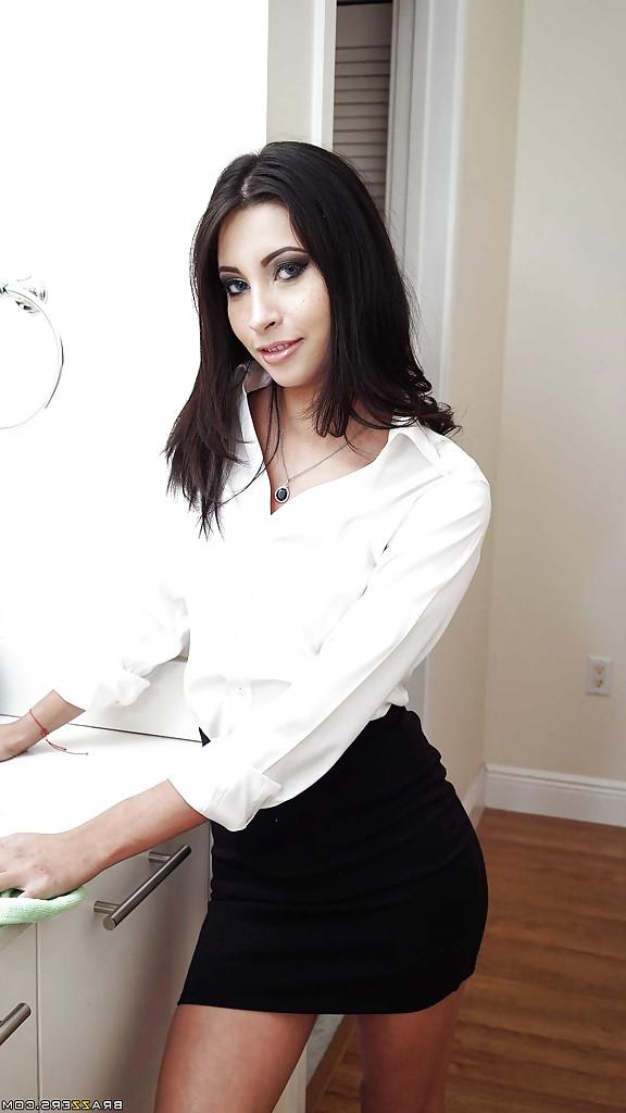 16P Brunette babe Jade Jantzen posing fully clothed in white blouse and skirt