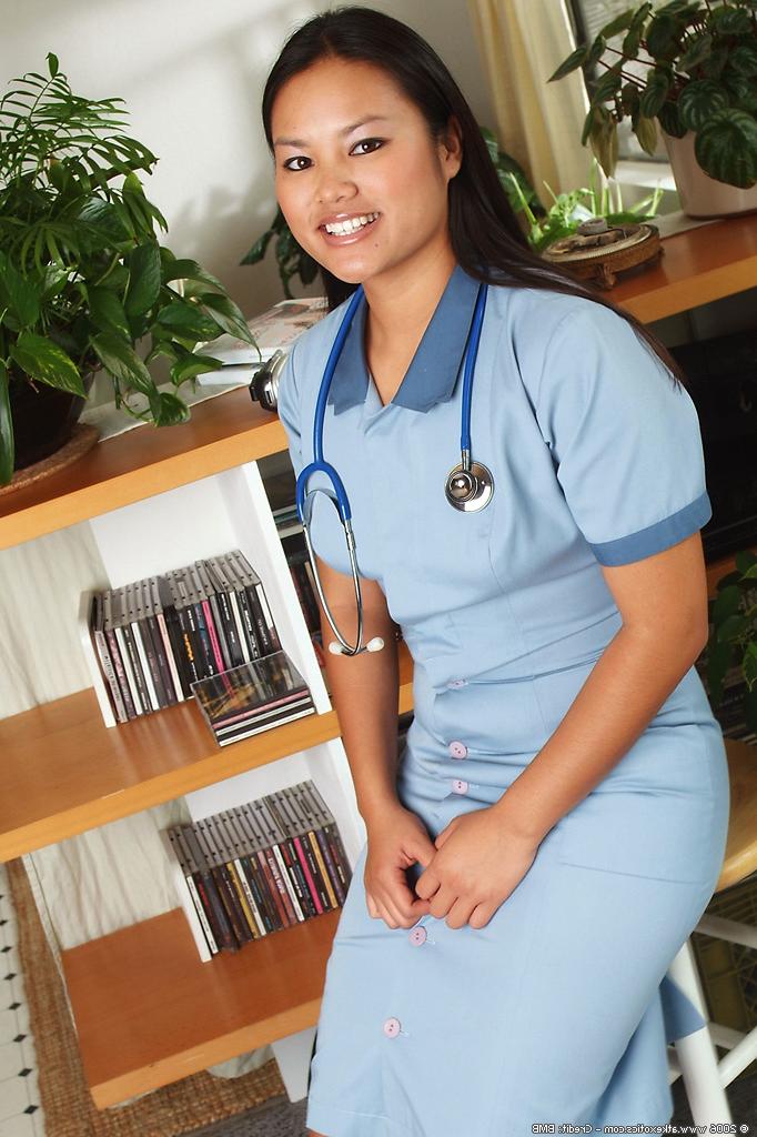 16P Asian first timer ridding nurse uniform to reveal tiny tits and shaved twat
