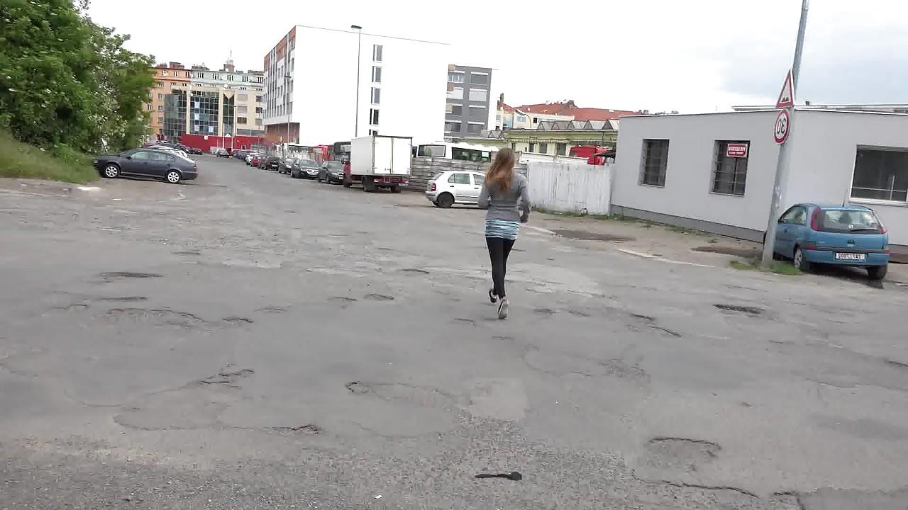 15P Blonde slut Suzzie undressing and spreading legs to pee in public