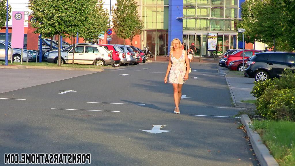 16P Lustful blonde pornstar doing upskirt and pissing in public place