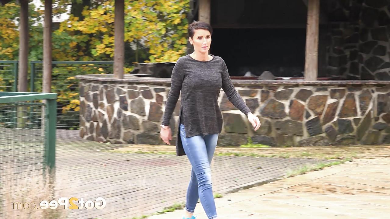 15P Busty Gabriellla Gucci in jeans undressing and pissing in public