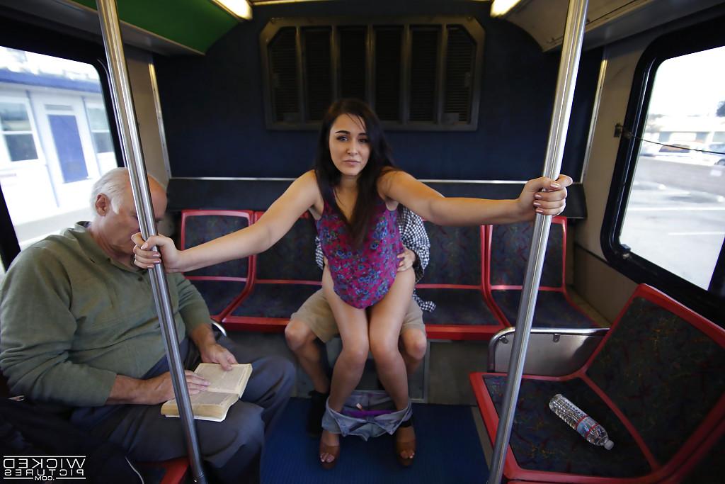 16P Brunette exhibitionist Anastasia Black giving a blowjob on public bus