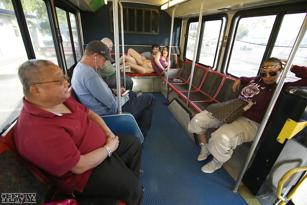 16P Brunette exhibitionist Anastasia Black giving a blowjob on public bus