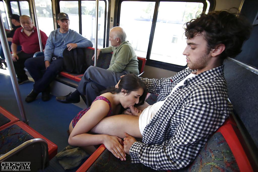 16P Brunette exhibitionist Anastasia Black giving a blowjob on public bus
