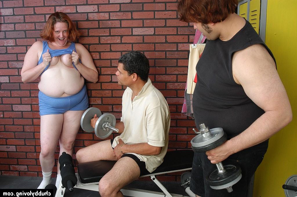 16P Fat older redhead Adrienne sucks and fucks two cocks in weight room