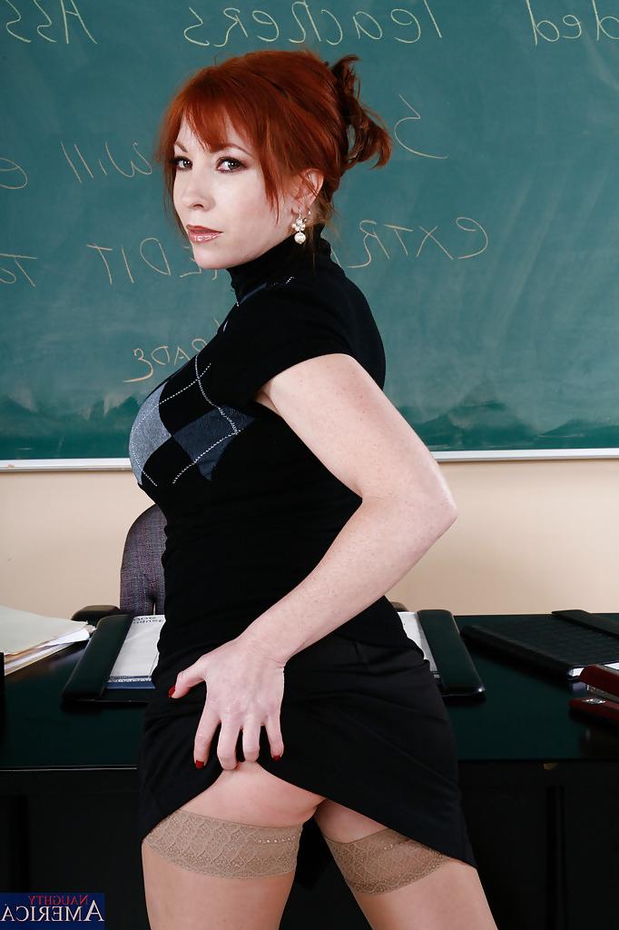 16P Redhead mature teacher in stockings undressing and rubbing her clit