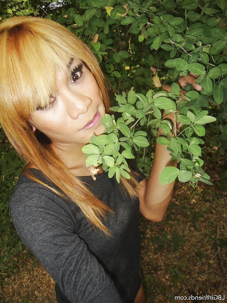 16P Skinny Asian ladyboy Mic shows off small boobs and hairy dick outdoors
