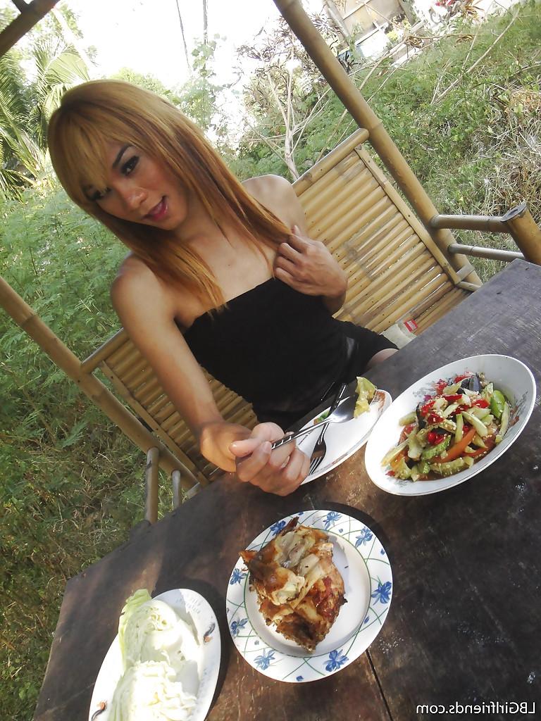 16P Skinny Asian ladyboy Mic shows off small boobs and hairy dick outdoors