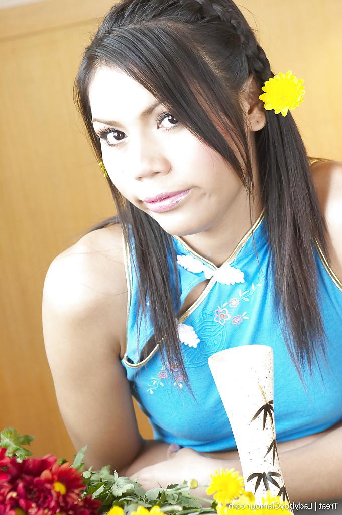 16P Hot Thai ladyboy Treat posing tiny uncut shecock from underneath panties