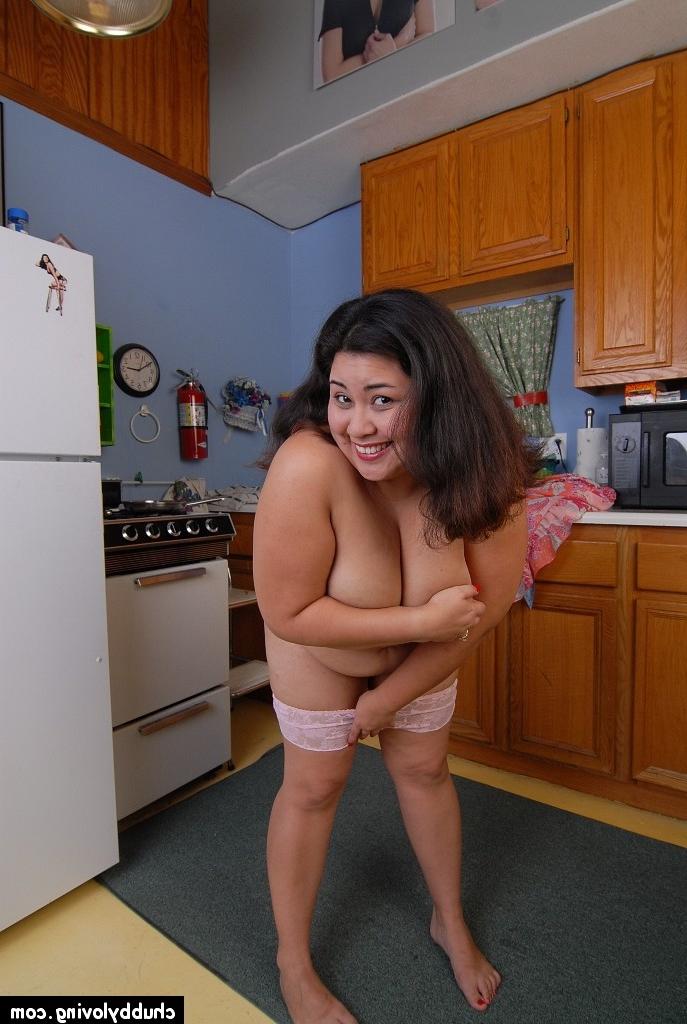 16P BBW Tyung stripping nude and licking her own nipples in kitchen