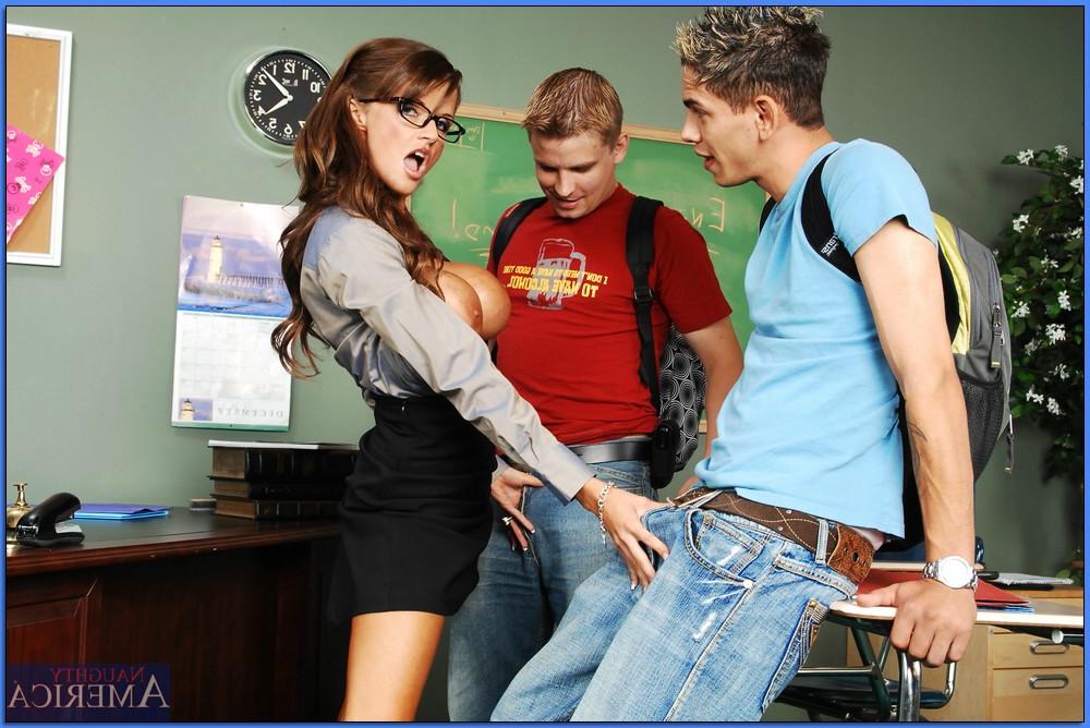 16P Mature teacher in glasses Joslyn James gets banged by two horny studs