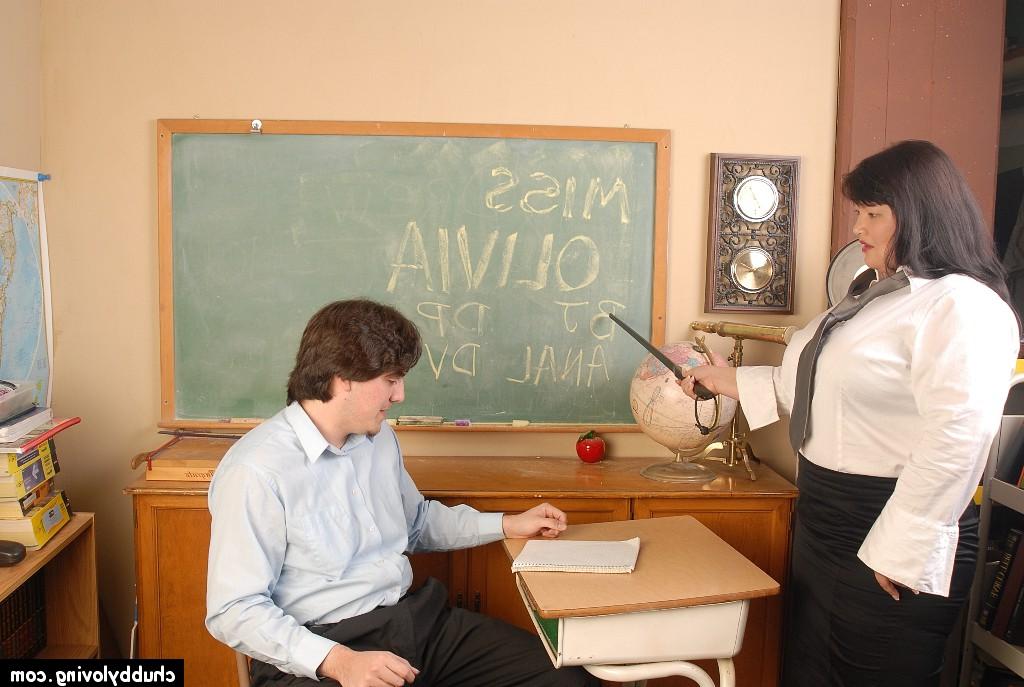 16P Brunette fatty Olivia tucking her student in classroom for grades