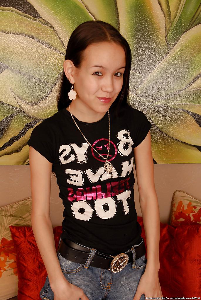 16P Barely legal Asian spinner Amai Liu posing fully clothed before stripping