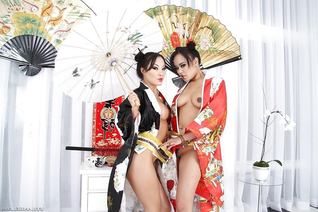 16P Asian vixens Annie Cruz & Asa Akira stripping and playing with butt plugs