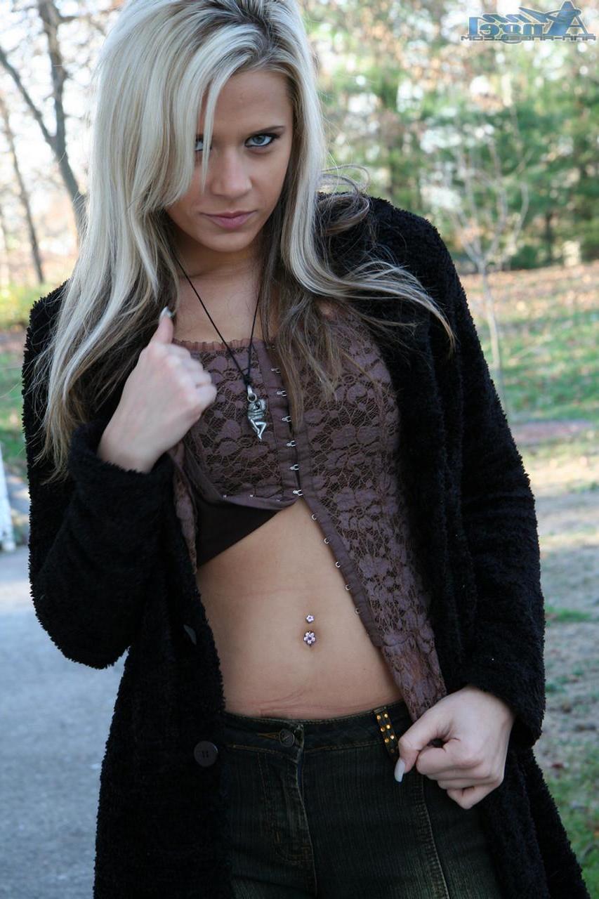 16P Blonde teen Ann Angel gets her nipples hard in the chilly fall air