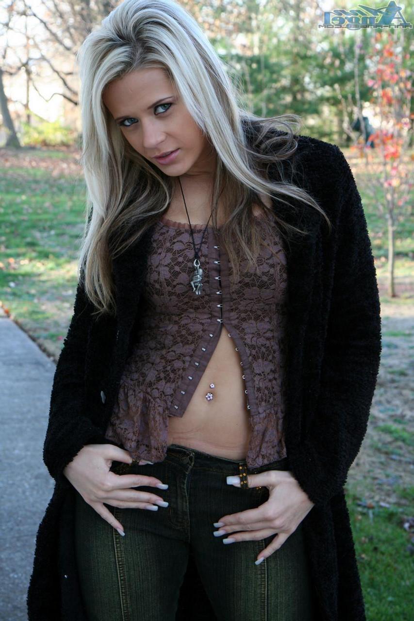 16P Blonde teen Ann Angel gets her nipples hard in the chilly fall air