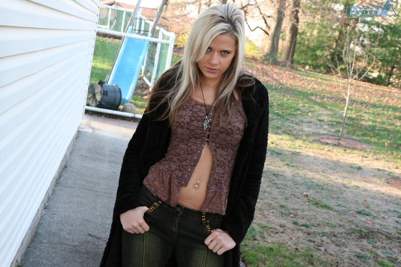 16P Blonde teen Ann Angel gets her nipples hard in the chilly fall air
