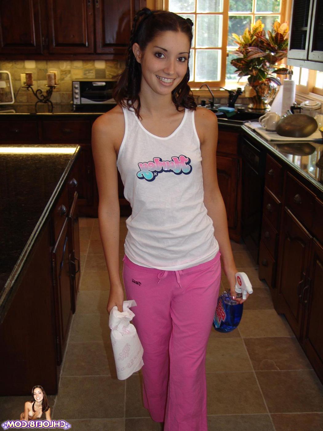 18P Chloe 18 washes the floor in the nude
