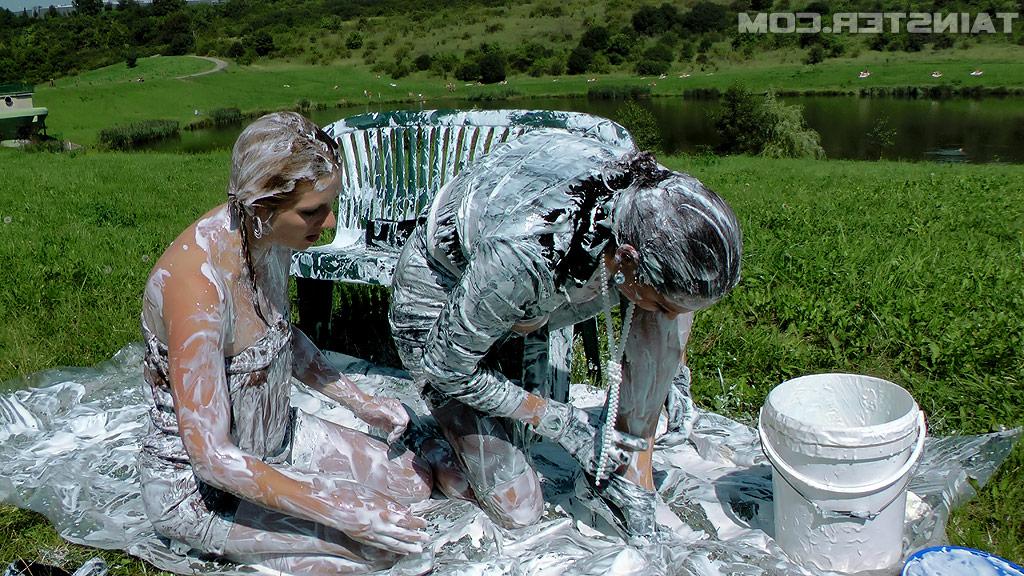 16P Fully clothed fashionistas have some messy and slimy fun outdoor
