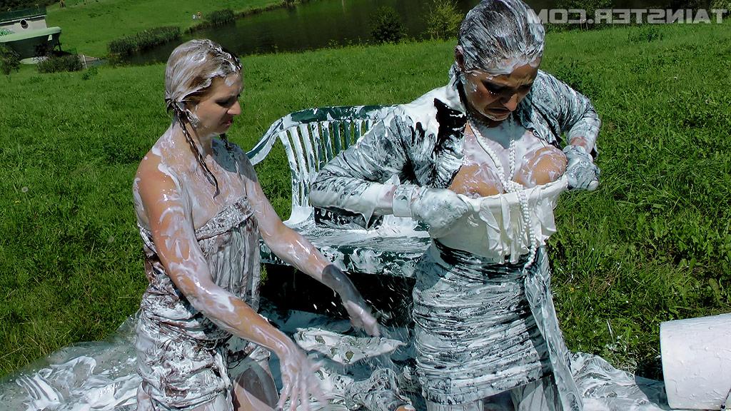 16P Fully clothed fashionistas have some messy and slimy fun outdoor