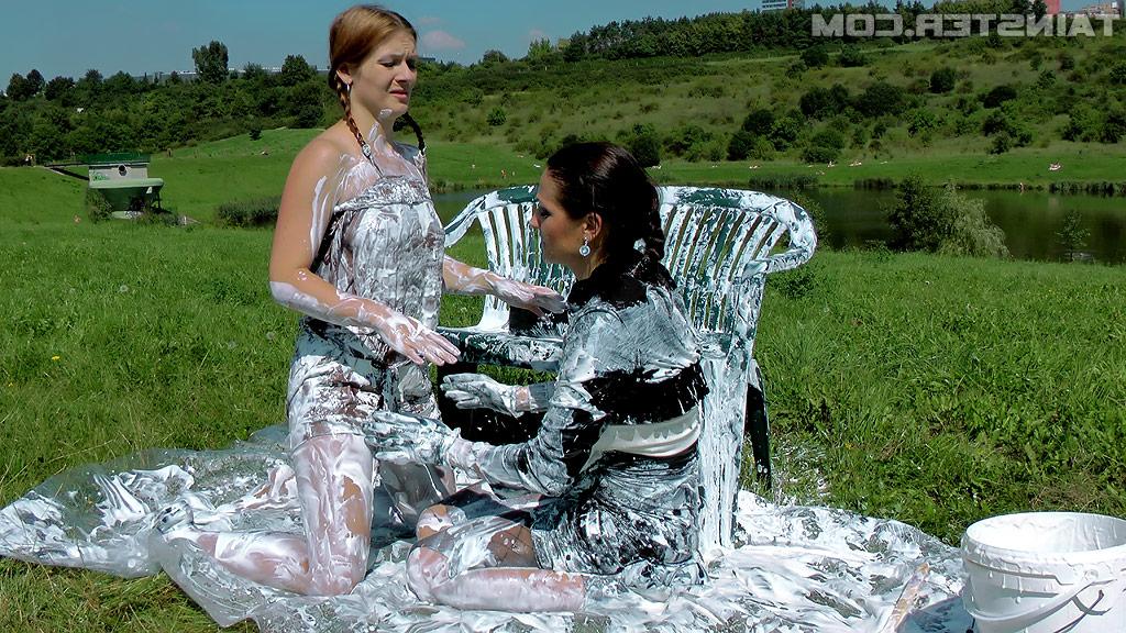 16P Fully clothed fashionistas have some messy and slimy fun outdoor