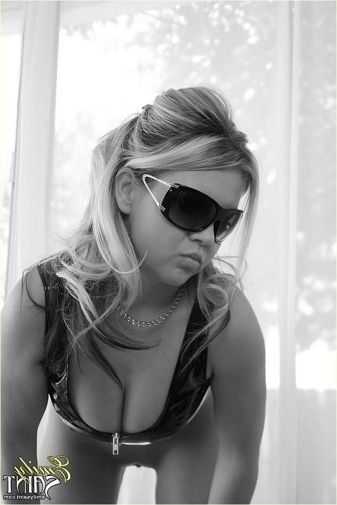 20P Pictures of teen cutie Emily Saint stripping in black and white