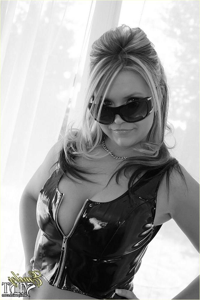 20P Pictures of teen cutie Emily Saint stripping in black and white