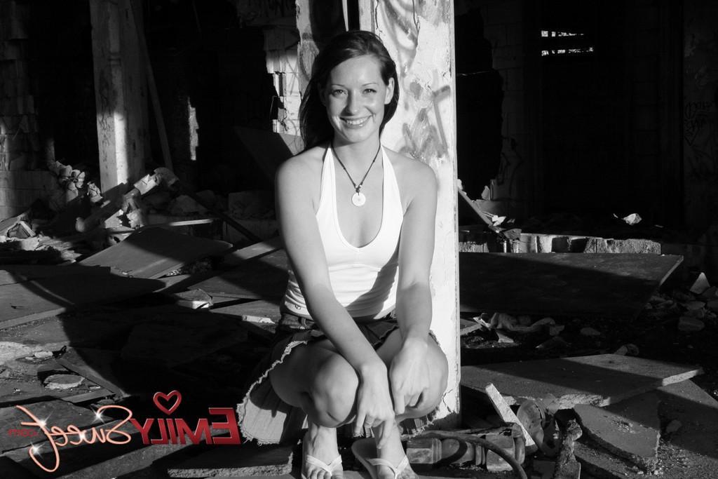20P Pictures of teen model Emily Sweet flashing in black and white