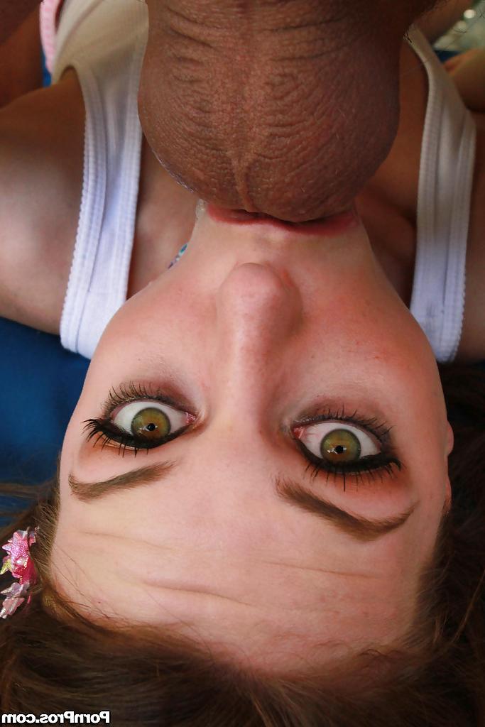 16P Clothed female Kasey Chase swallowing entire cock before riding on top