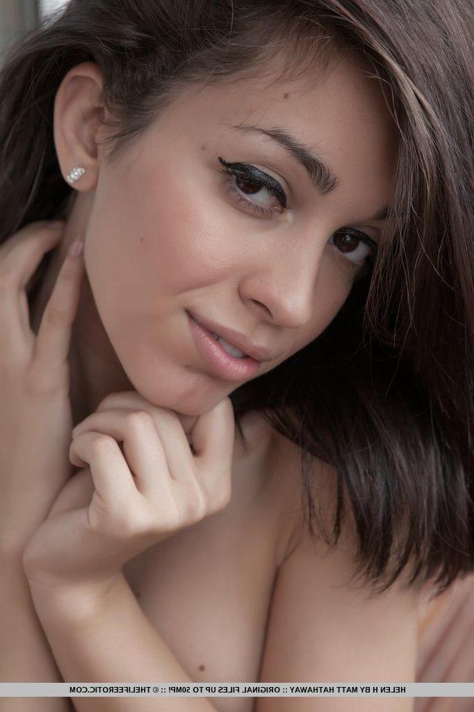 15P Hot brunette teen Helen H strips naked and fondles her wet pussy