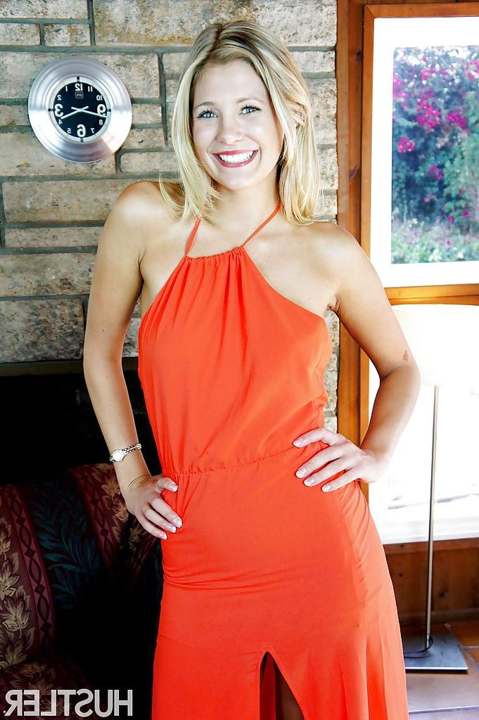 16P Blonde pornstar Scarlet Red posing in long red dress and high heels