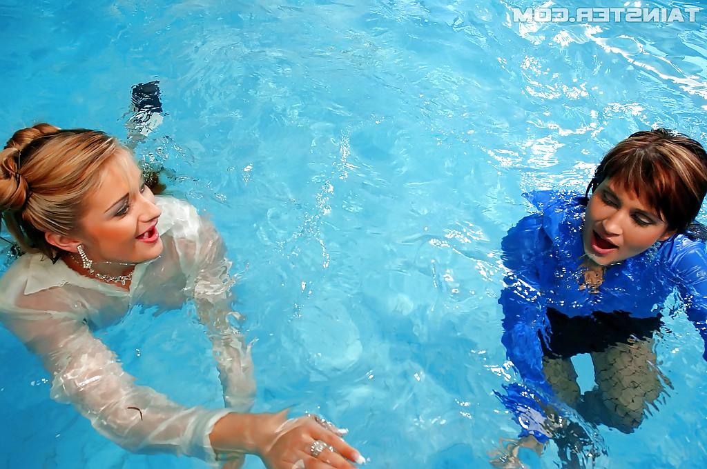 16P Kinky european fetish MILFs have some fully clothed pool fun