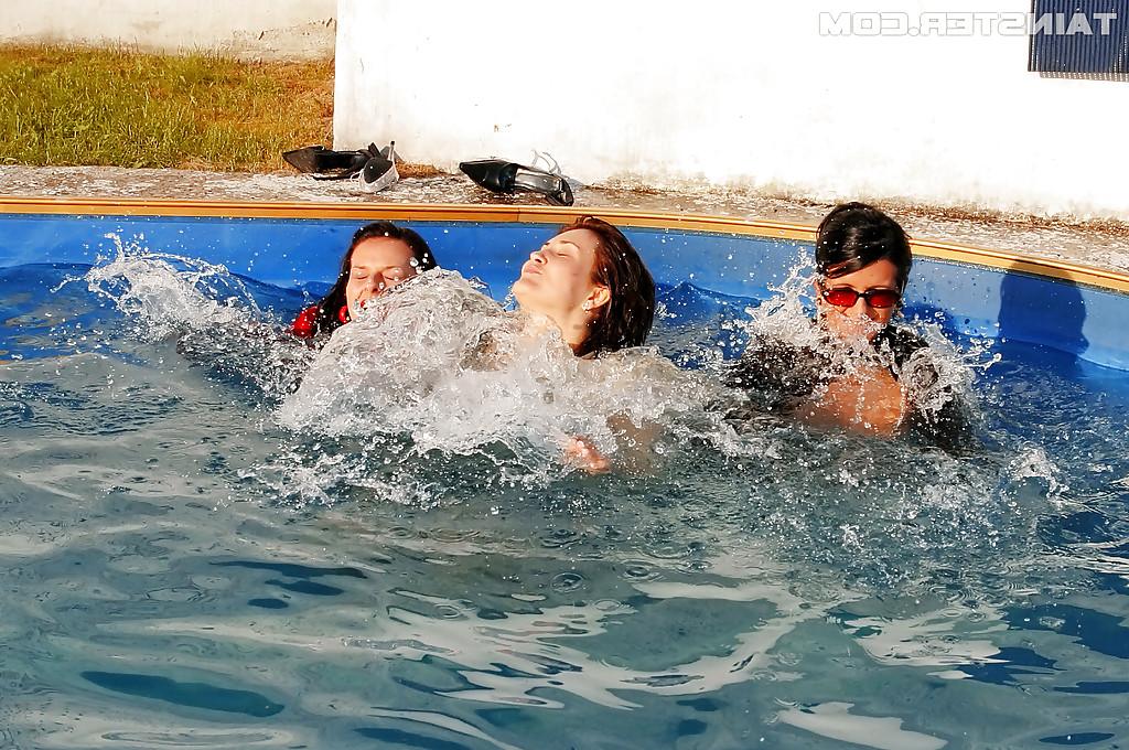 16P Fetish ladies have some wet fully clothed fun with her friends at the poolside
