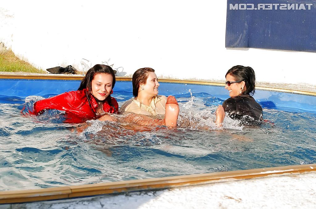 16P Fetish ladies have some wet fully clothed fun with her friends at the poolside