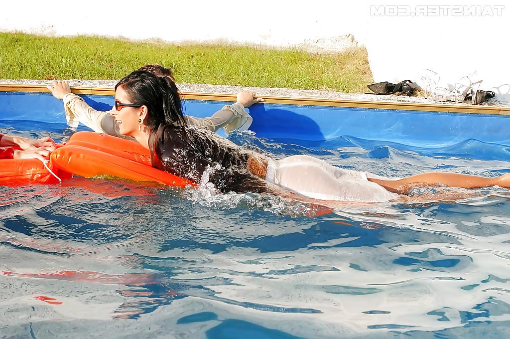 16P Fetish ladies have some wet fully clothed fun with her friends at the poolside