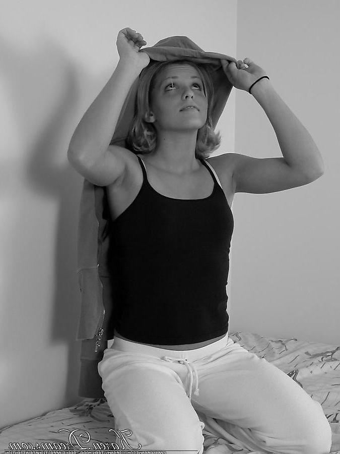 19P Pictures of teen babe Karen Dreams teasing in black and white