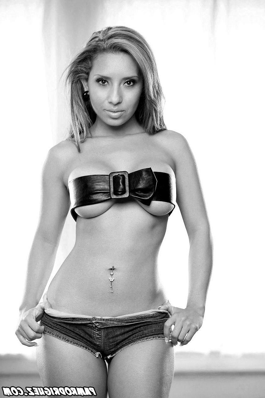 20P Pictures of teen chick Pam Rodriguez showing off in black and white