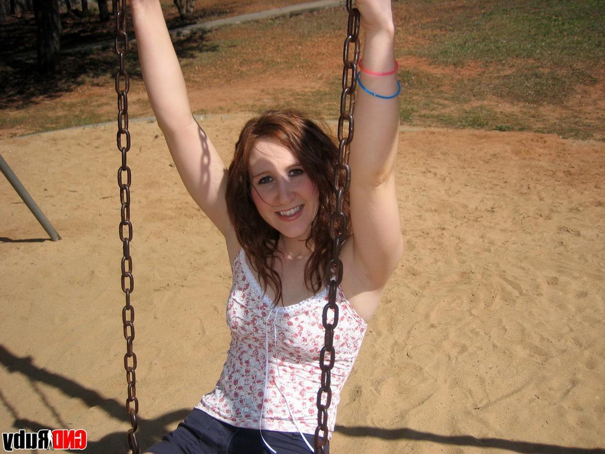 12P Red headed cock-tease Ruby plays on the swing set at the public park