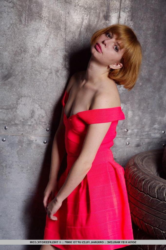 16P Redhead model Sofia H strips out of her red dress for you