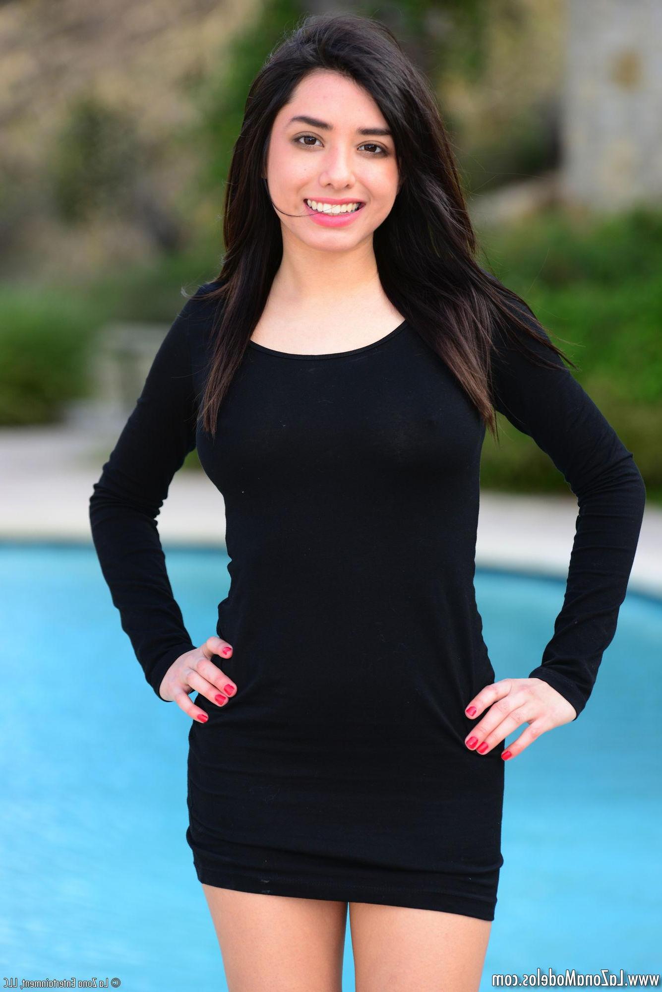 14P Zoe Martinez strips off her tight black dress to masturbate for you